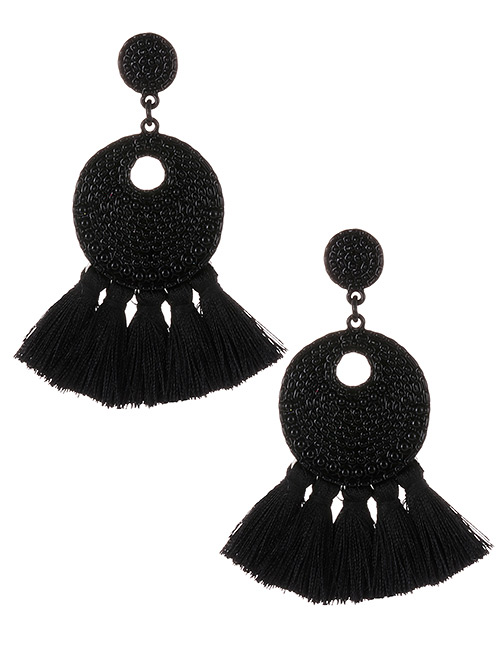 Fashion Black Round Shape Decorated Tassel Earrings