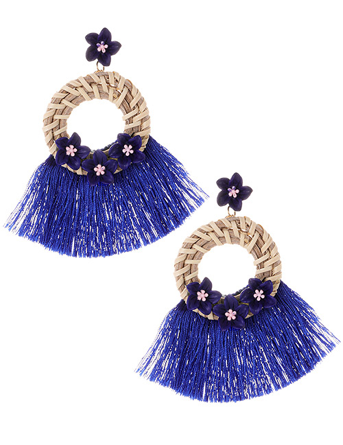 Fashion Sapphire Blue Flower Shape Decorated Tassel Earrings