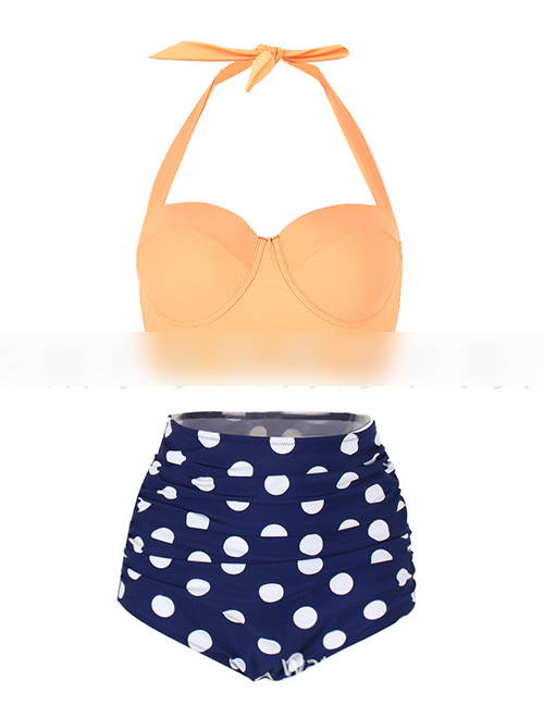 Sexy Orange+blue Off-the-shoulder Design Dots Pattern Swimwear(2pcs)