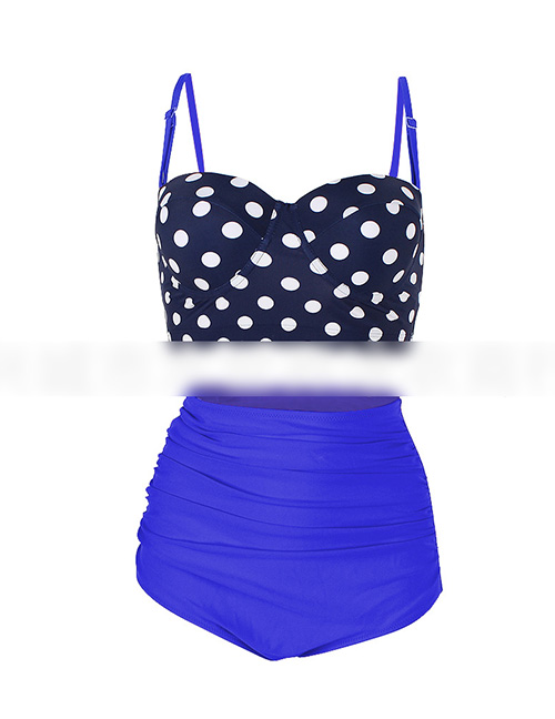 Sexy Navy+blue Dots Pattern Decorated Suspender Swimwear(2pcs)