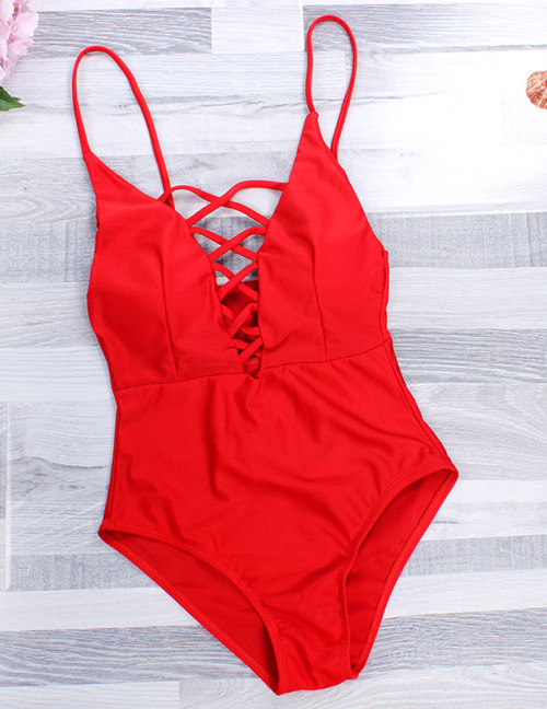 Sexy Red Pure Color Decorated One-piece Swimwear