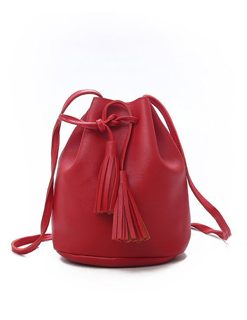 Fashion Red Tassel Decorated Pure Color Shoulder Bag