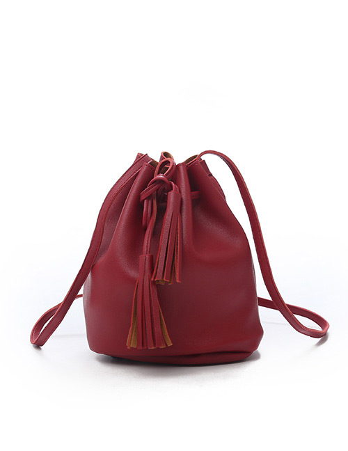 Fashion Claret Red Tassel Decorated Pure Color Shoulder Bag