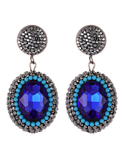 Vintage Sapphire Blue Oval Shape Decorated Earrings