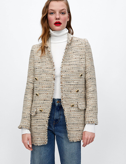 Fashion Beige Grids Pattern Decorated Coat
