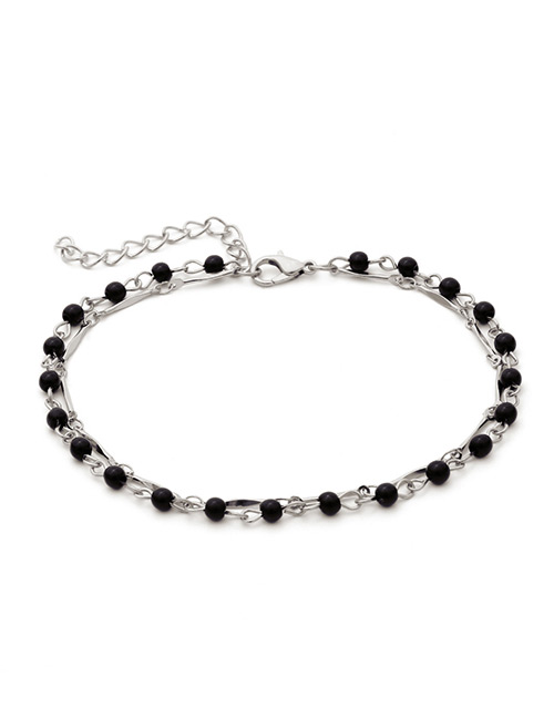 Simple Silver Color+black Bead Decorated Anklet