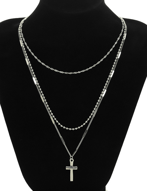 Vintage Silver Color Cross Shape Pendant Decorated Necklace