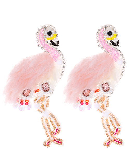 Fashion Pink Beads Decorated Flamingo Shape Earrings