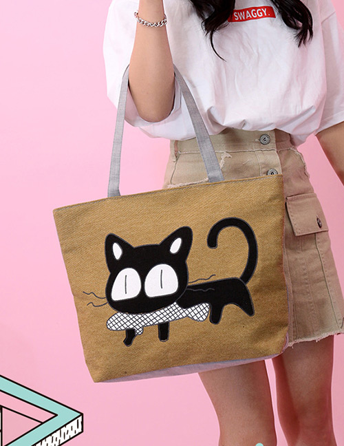 Fashion Khaki Cat Pattern Decorated Bag