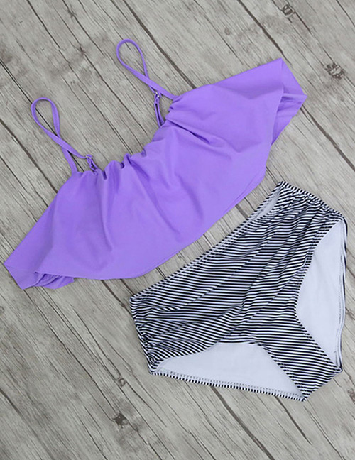 Sexy Purple Stripe Pattern Decorated Swimwear(2pcs)