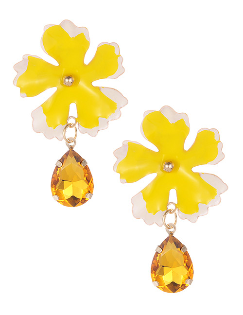 Fashion Yellow Waterdrop Shape Decorated Flower Earrings