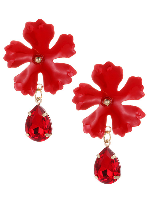 Fashion Red Waterdrop Shape Decorated Flower Earrings
