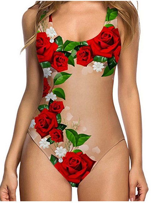 Fashion Red Flower Pattern Decorated Swimwear