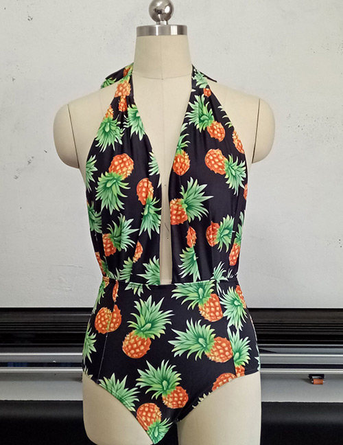 Fashion Black+orange Pineapple Pattern Decorated Swimwear