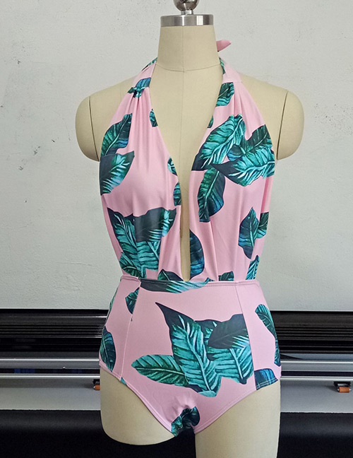 Fashion Blue+pink Leaf Pattern Decorated Swimwear