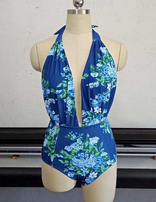 Fashion Blue+sapphire Blue Flower Pattern Decorated Swimwear