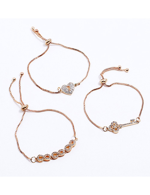 Fashion Gold Color Key&heart Shape Decorated Bracelet(3pcs)