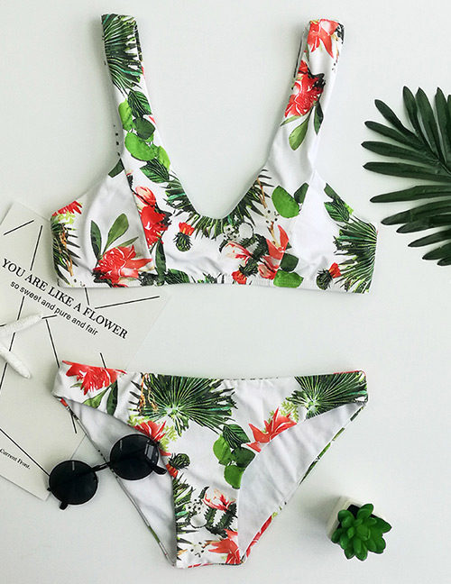 Sexy Green+white Flower Pattern Decorated V Neckline Bikini