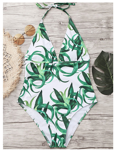 Sexy White+green Off-the-shoulder Design One-piece Bikini
