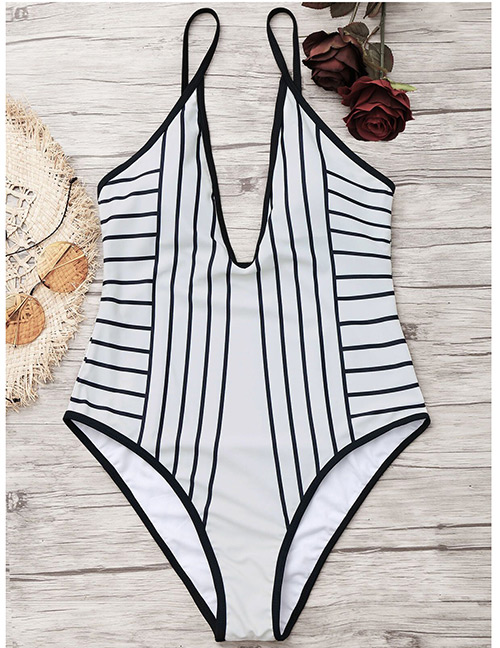 Sexy White+black V Neckline Design One-piece Bikini
