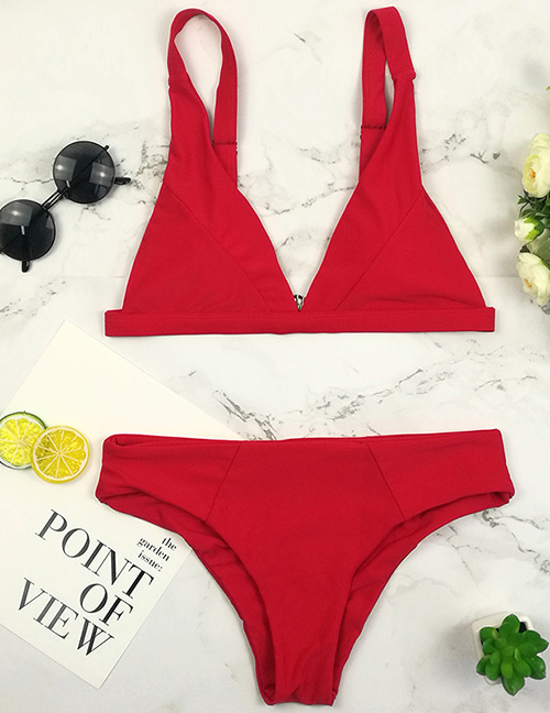 Sexy Red Pure Color Design Split Bikini