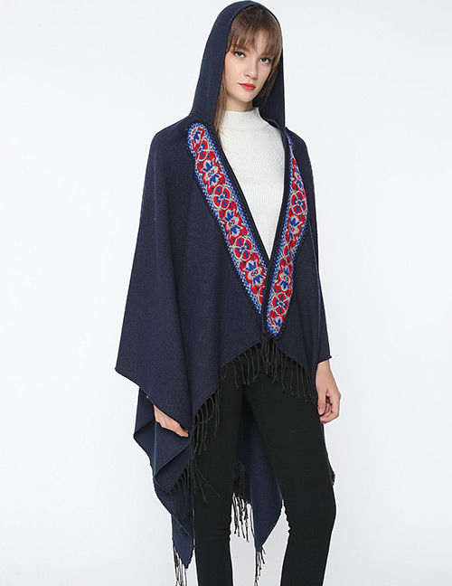 Fashion Navy Tassel Decorated Flower Pattern Cloak
