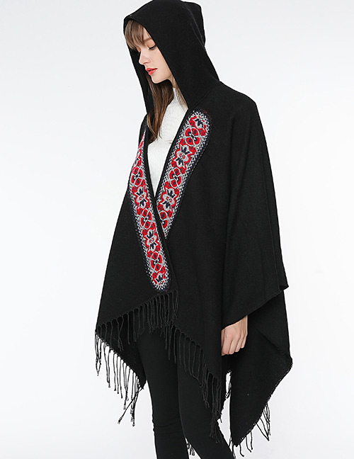 Fashion Black Tassel Decorated Flower Pattern Cloak