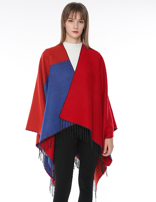 Fashion Red+blue Color-matching Decorated Tassel Scarf