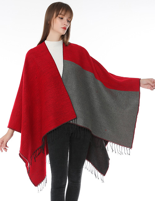 Fashion Red+gray+gray Color-matching Decorated Tassel Scarf