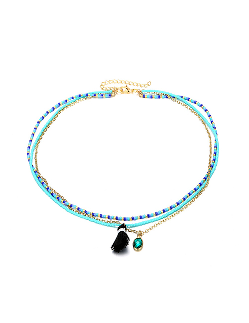 Fashion Blue Multi-layer Design Tassel Necklace