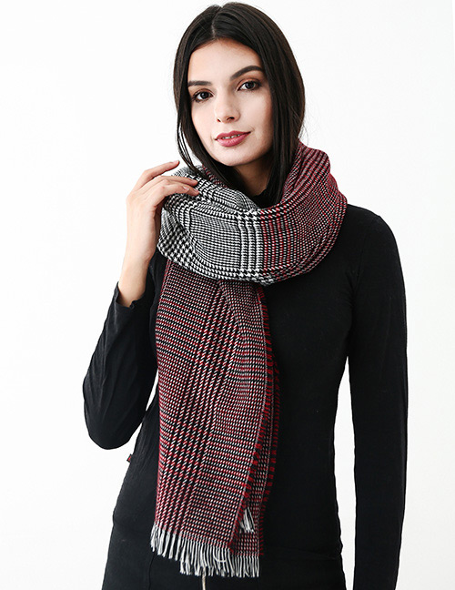 Fashion Claret Red Grids Pattern Decorated Scarf