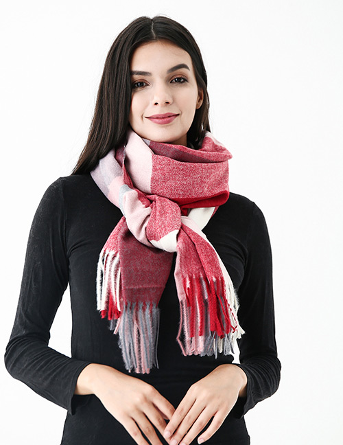 Fashion Red Grids Pattern Decorated Scarf
