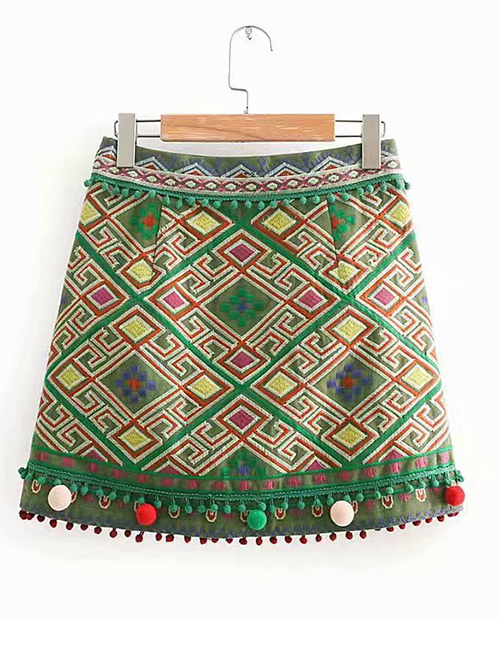 Fashion Green Pom Ball Decorated Embroidery Skirt