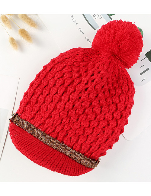 Simple Red Pom Ball Decorated Pure Color Hat