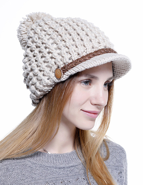 Simple Beige Pom Ball Decorated Pure Color Hat