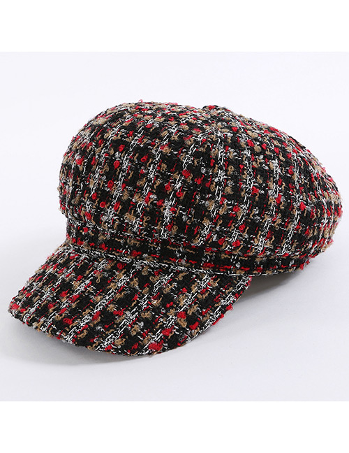 Fashion Red+khaki Grid Pattern Decorated Hat