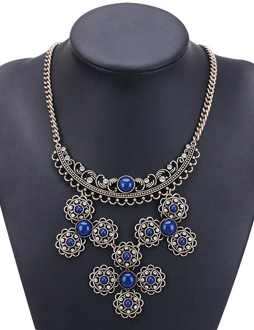 Fashion Navy Hollow Out Flowers Decorated Necklace
