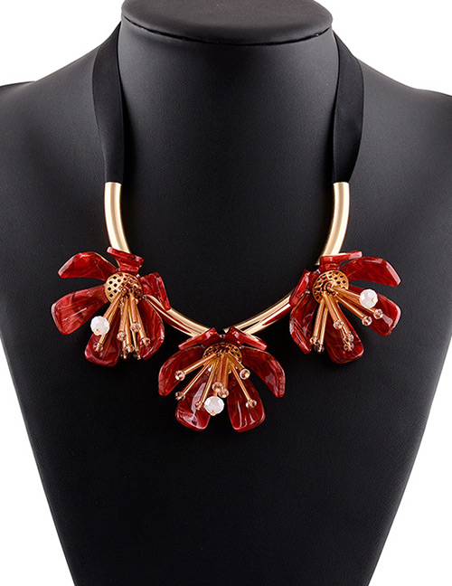 Fashion Red Beads Decorated Flowers Shape Necklace