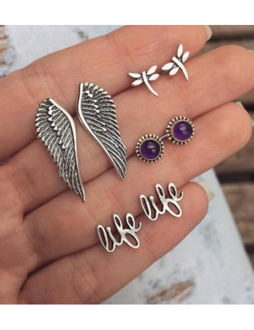 Fashion Silver Color Wing Shape Decorated Earrings ( 8 Pcs )