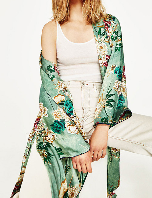Fashion Green Flower Pattern Decorated Coat
