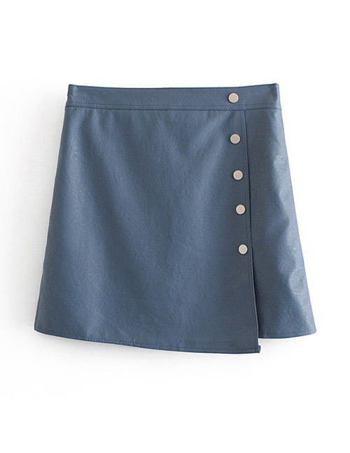 Fashion Blue Button Decorated Pure Color Skirt