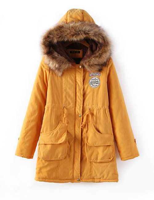 Fashion Yellow Fur Collar Decorated Pure Color Coat