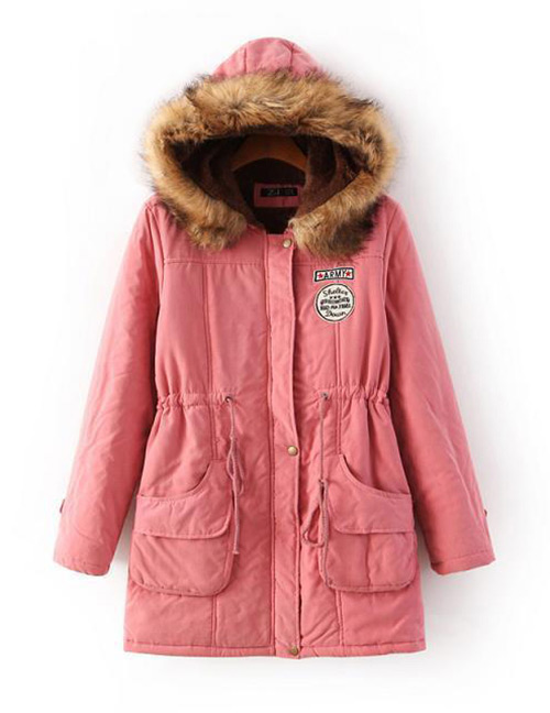 Fashion Light Pink Fur Collar Decorated Pure Color Coat