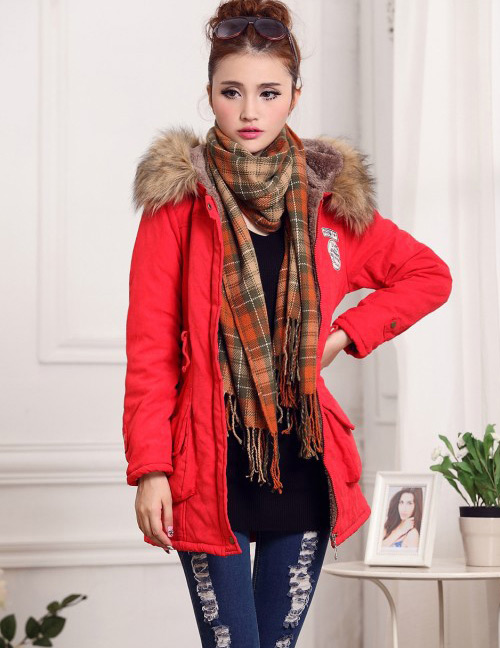 Fashion Red Fur Collar Decorated Pure Color Coat