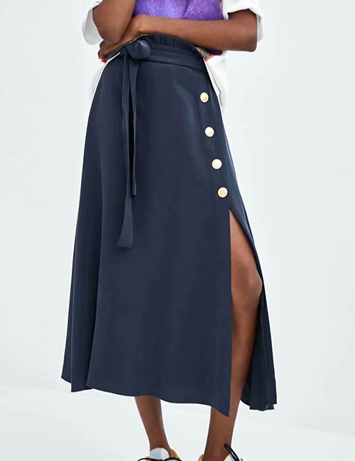 Fashion Navy Pure Color Decorated Split Skirt