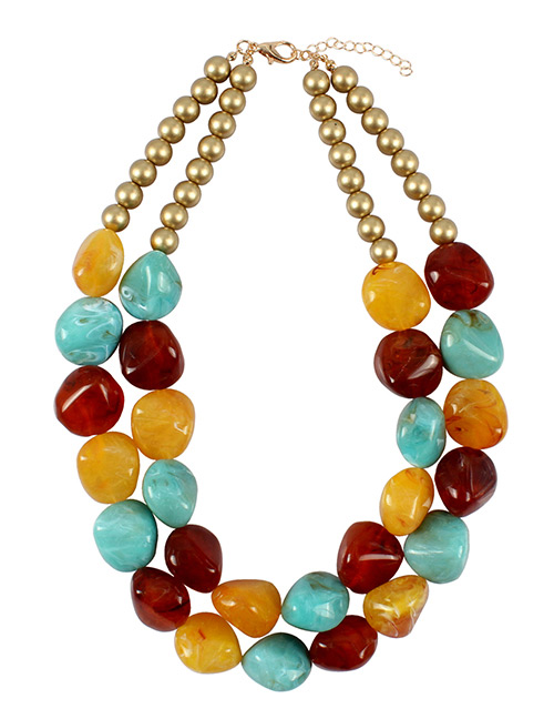 Fashion Yellow+red Stone Shape Design Color Matching Necklace