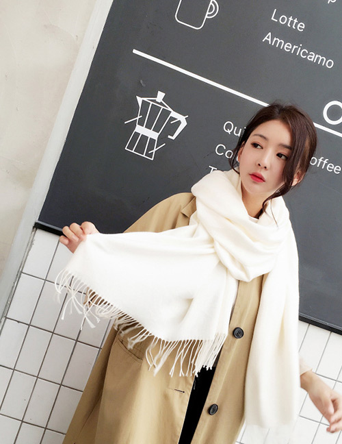 Fashion Milky White Pure Color Decorated Warm Scarf