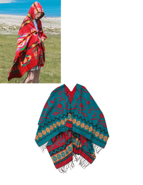 Fashion Red+peacock?blue Geometric Shape Pattern Design Thicken Scarf