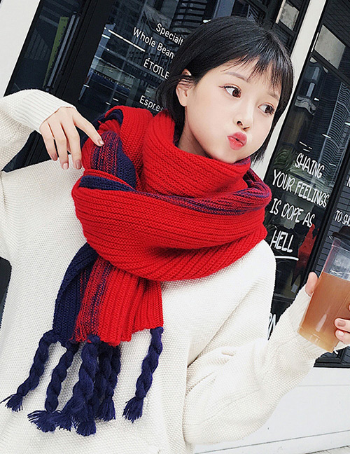 Fashion Red Tassel Decorated Knitted Thicken Scarf