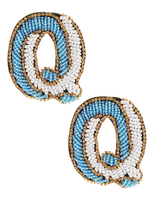 Fashion White+blue Full Beads Design Letter Q Shape Earrings